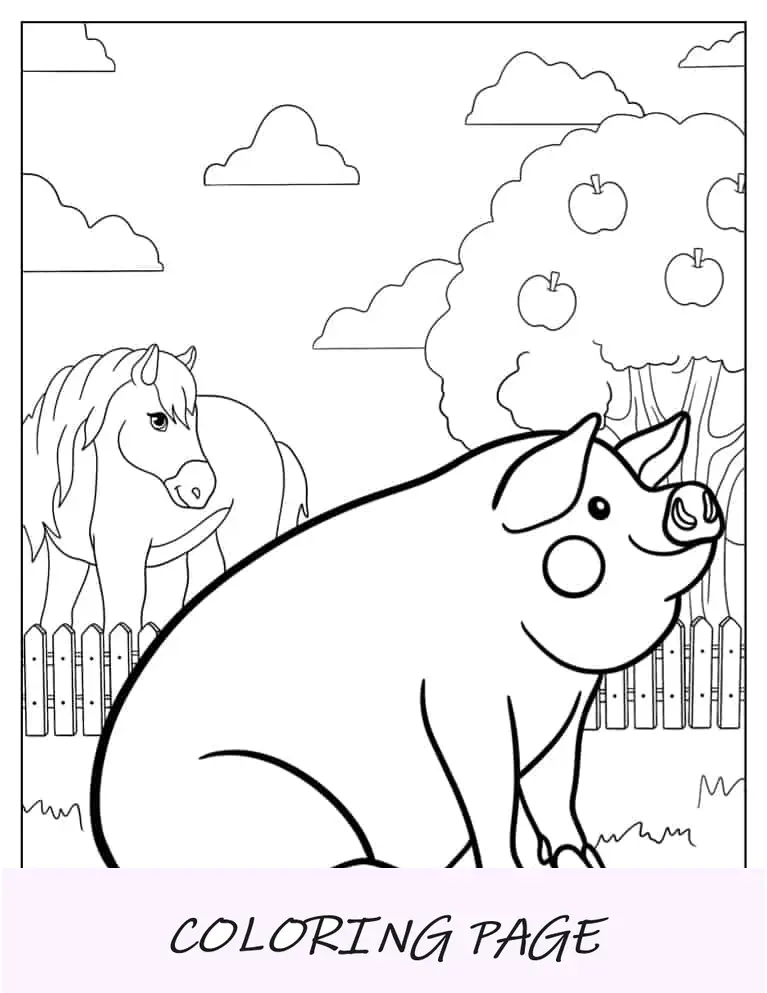 Porco de fazenda grande com cavalo para colorir