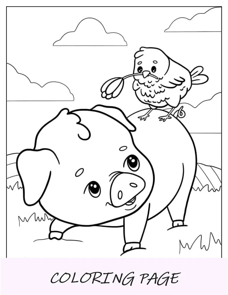Porco fofo de desenho animado com pássaro