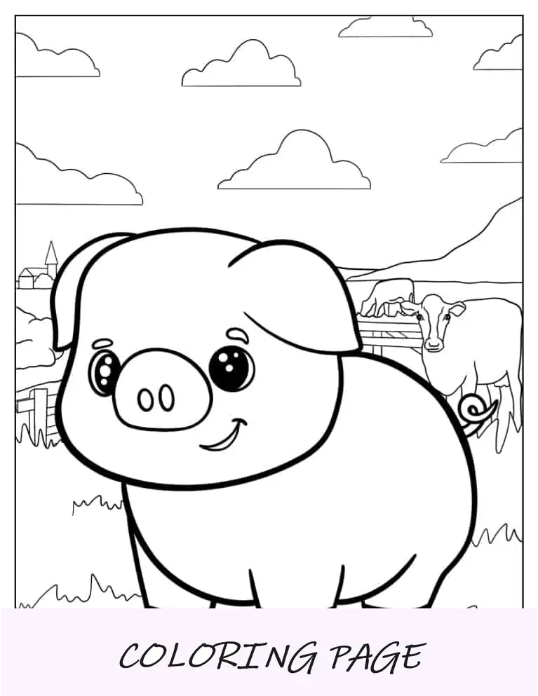 Adorável porco Kawaii com vacas em uma fazenda