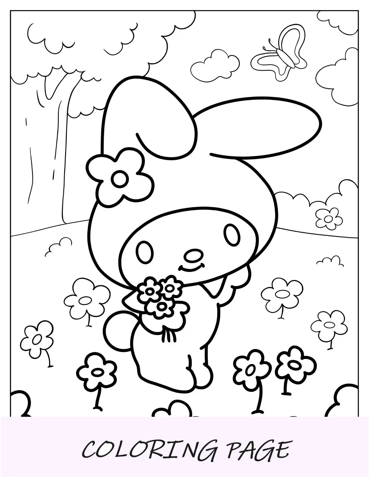 Disegni da colorare Sanrio di My Melody che raccoglie fiori