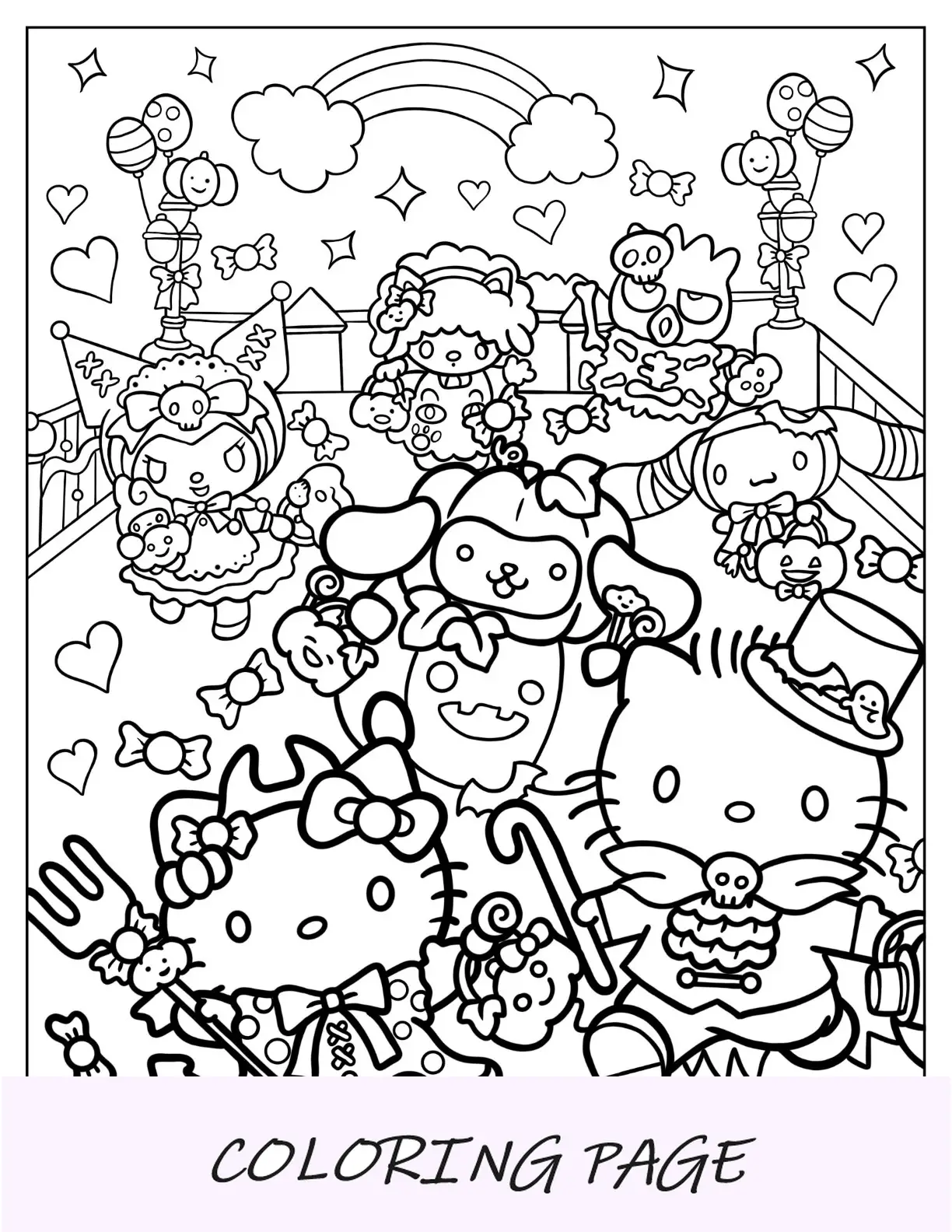Sanrio pagine da colorare di Hello Kitty, caro Daniel e i suoi amici in costumi di Halloween