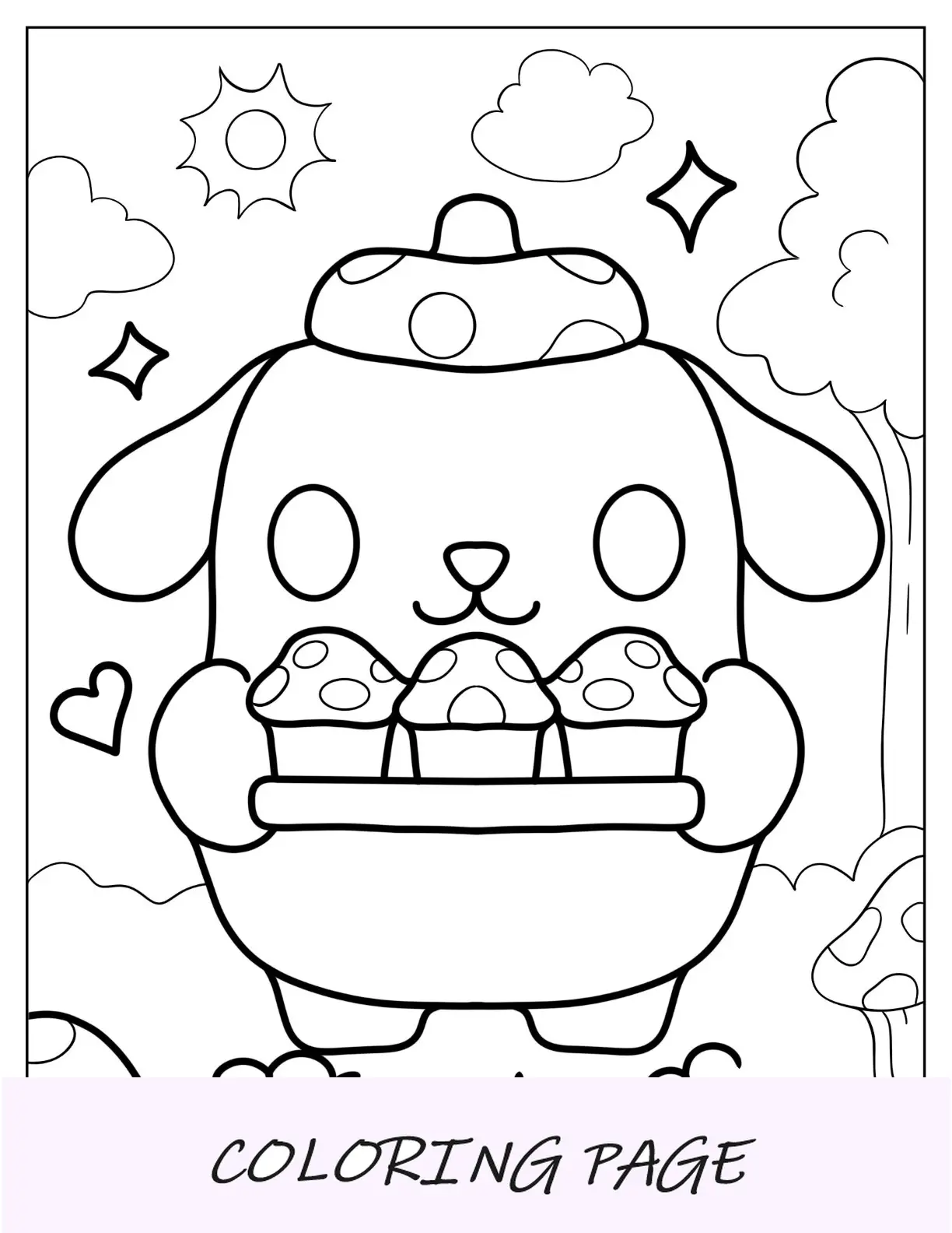 Sanrio pagine da colorare di simpatici pompompurin che trasportano cupcakes ai funghi