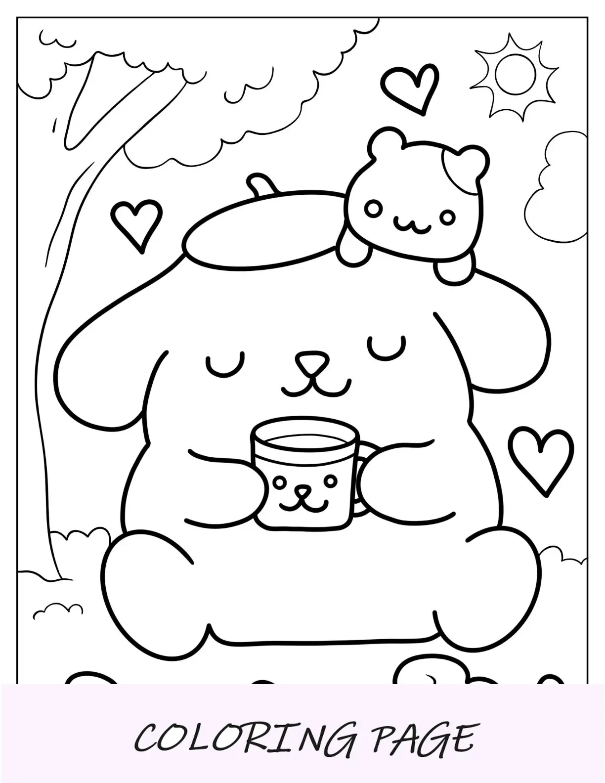 Disegni da colorare Sanrio di Pompompurin che beve tè con muffin
