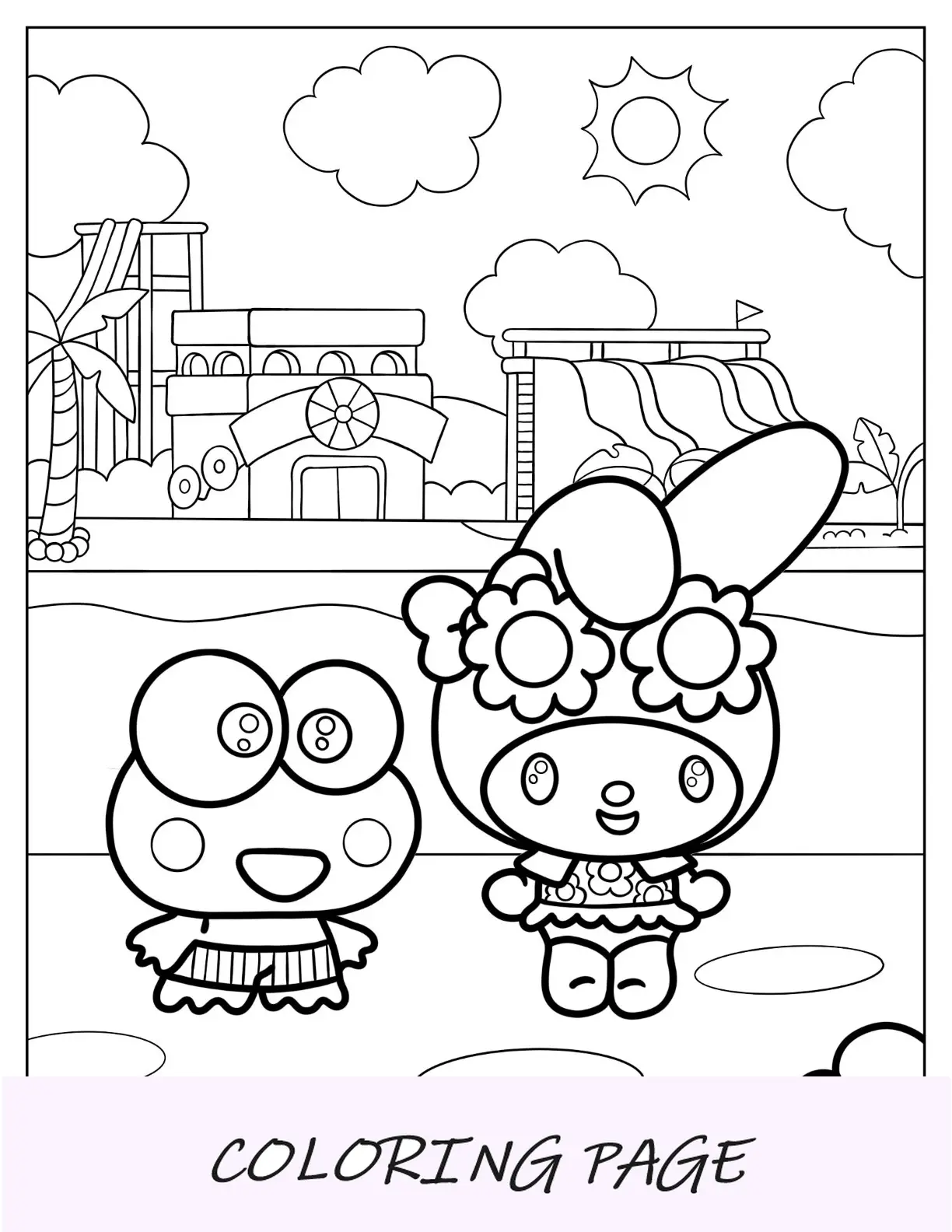 Sanrio Disegni da colorare di Keroppy e My Melody che giocano nel parco della piscina