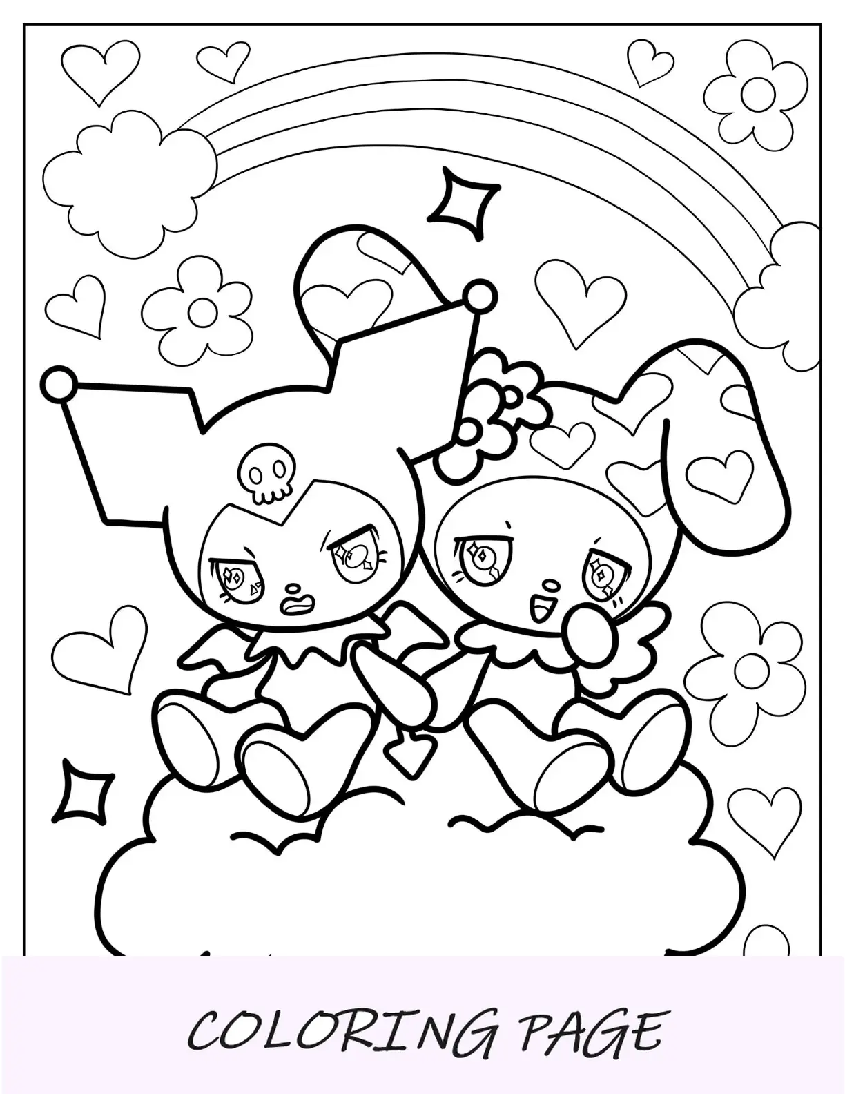 Sanrio Disegni da colorare di Kuromi e My Melody che si tengono per mano sulla nuvola