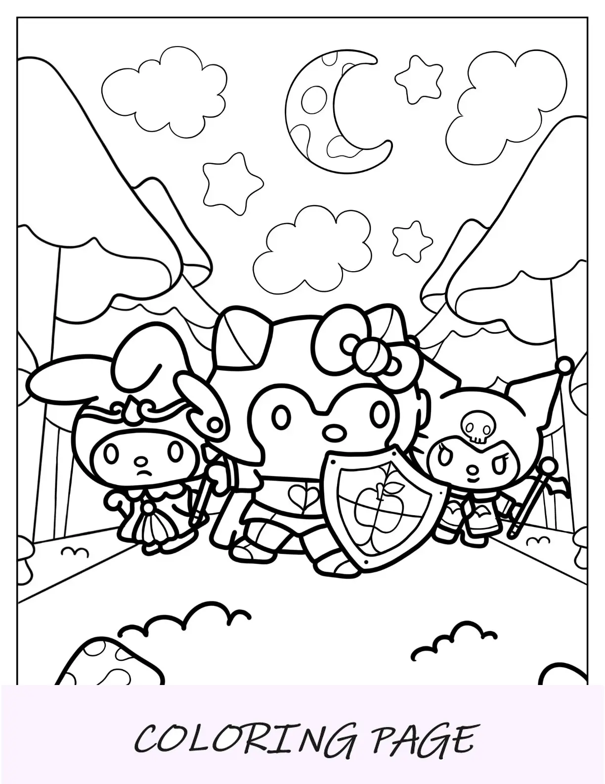 Sanrio Disegni da colorare di Hello Kitty Knight, Stregone My Melody e Strega Kuromi