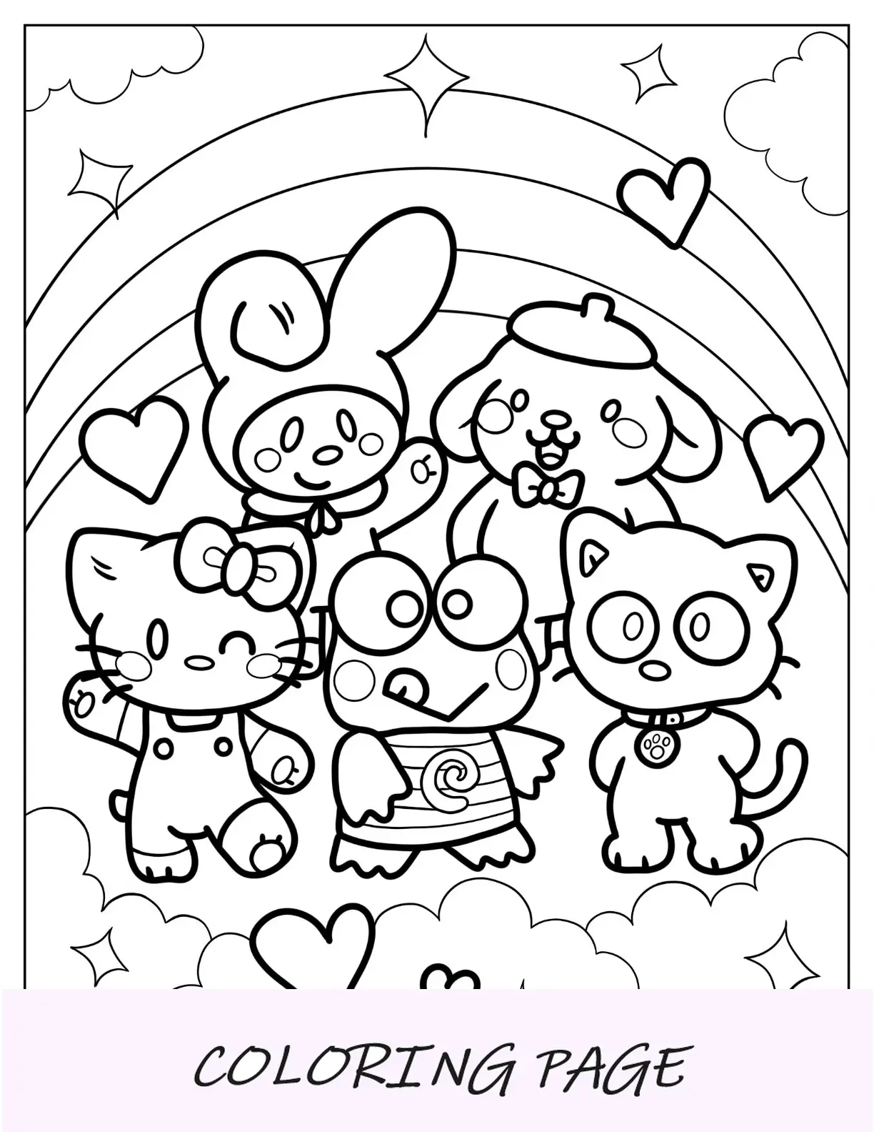 Disegni da colorare Sanrio di amici davanti all'arcobaleno