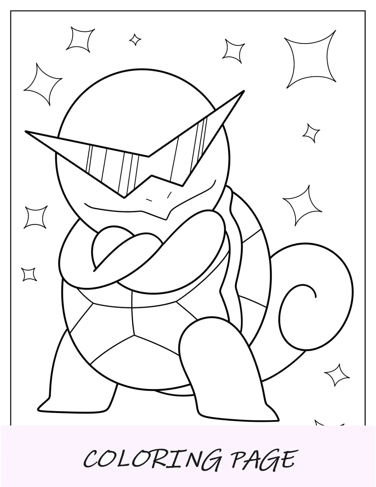 Fantastica pagina da colorare di Squirtle di un membro della squadra con le braccia incrociate