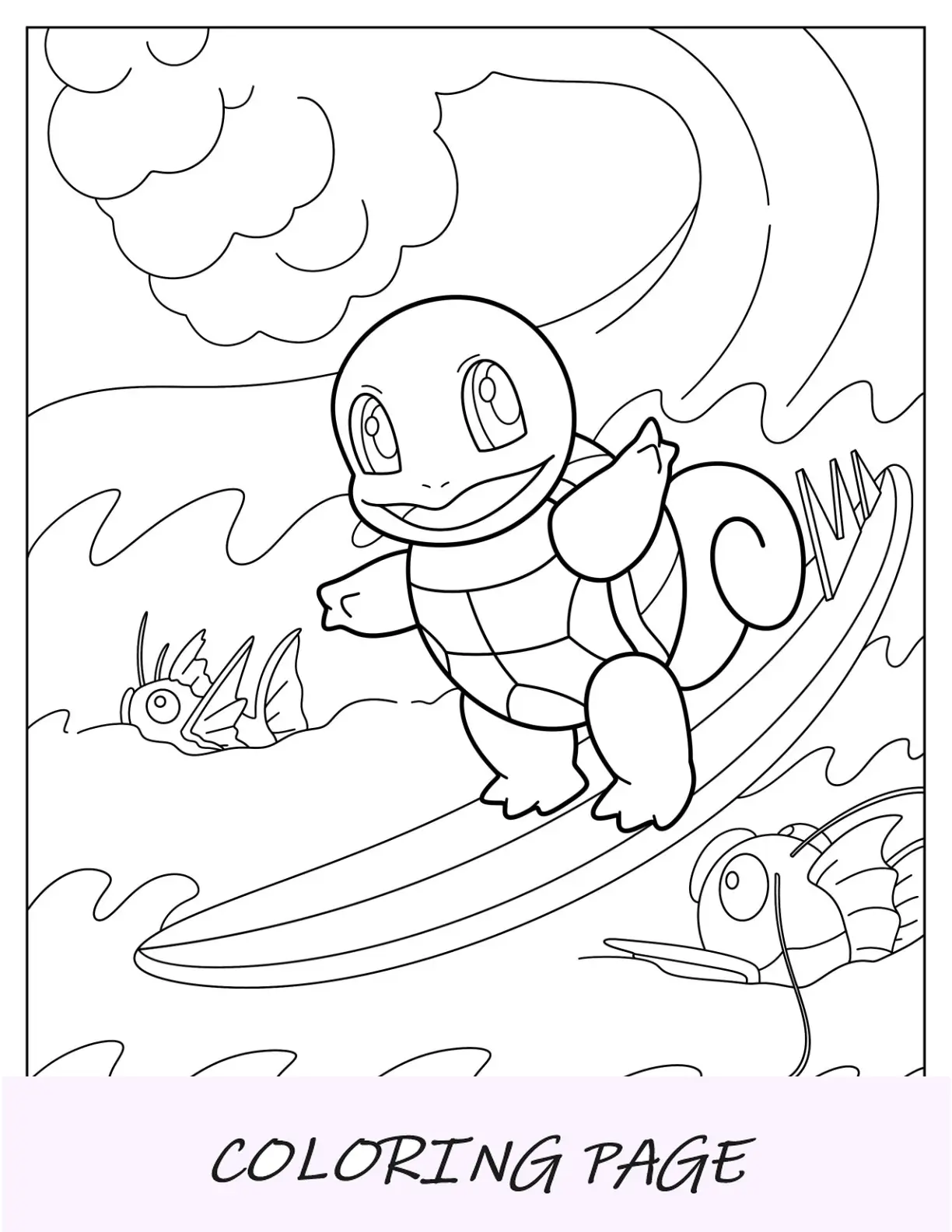 Squirtle Pagina da colorare di surf con Magikarp