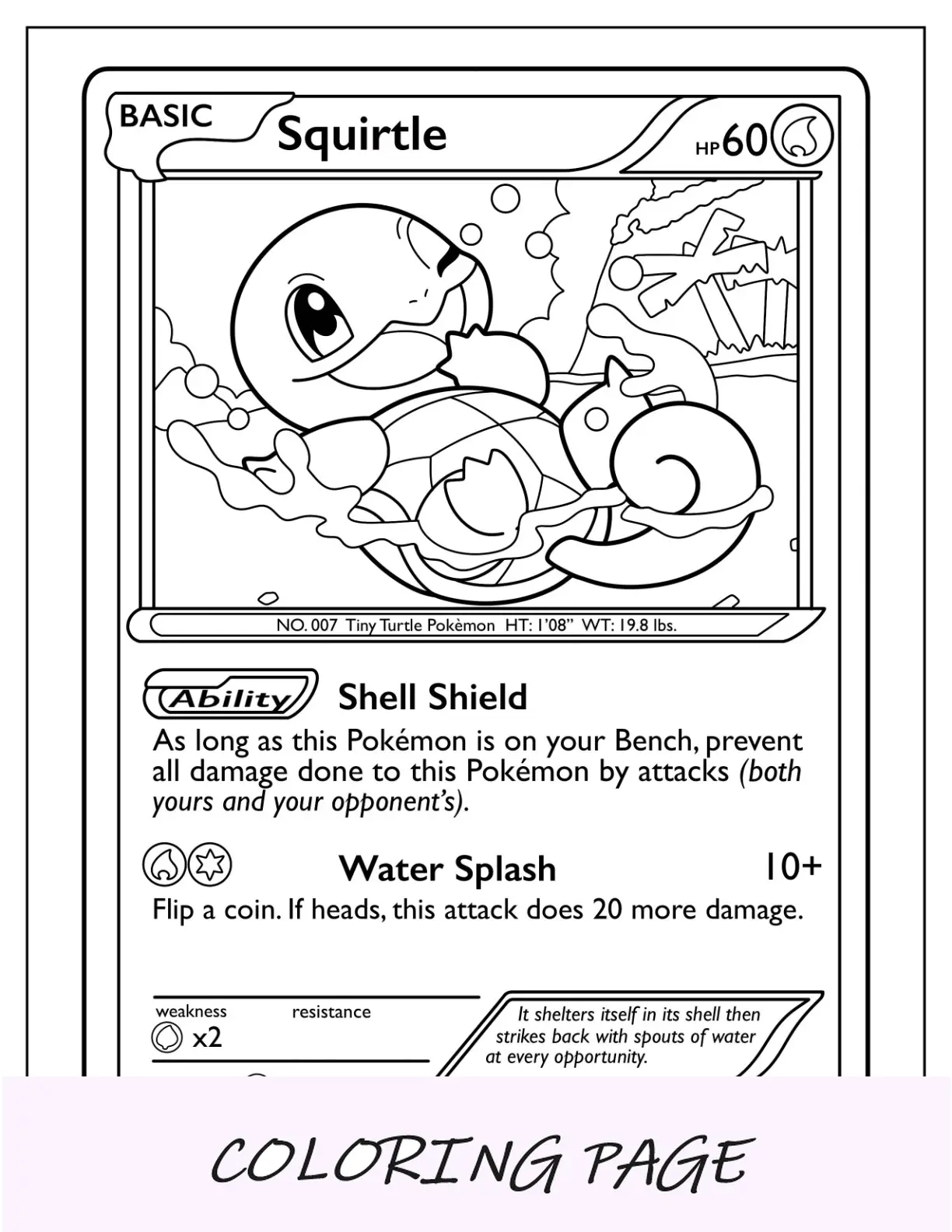 Squirtle pagina da colorare della carta Pokemon Shell Shield