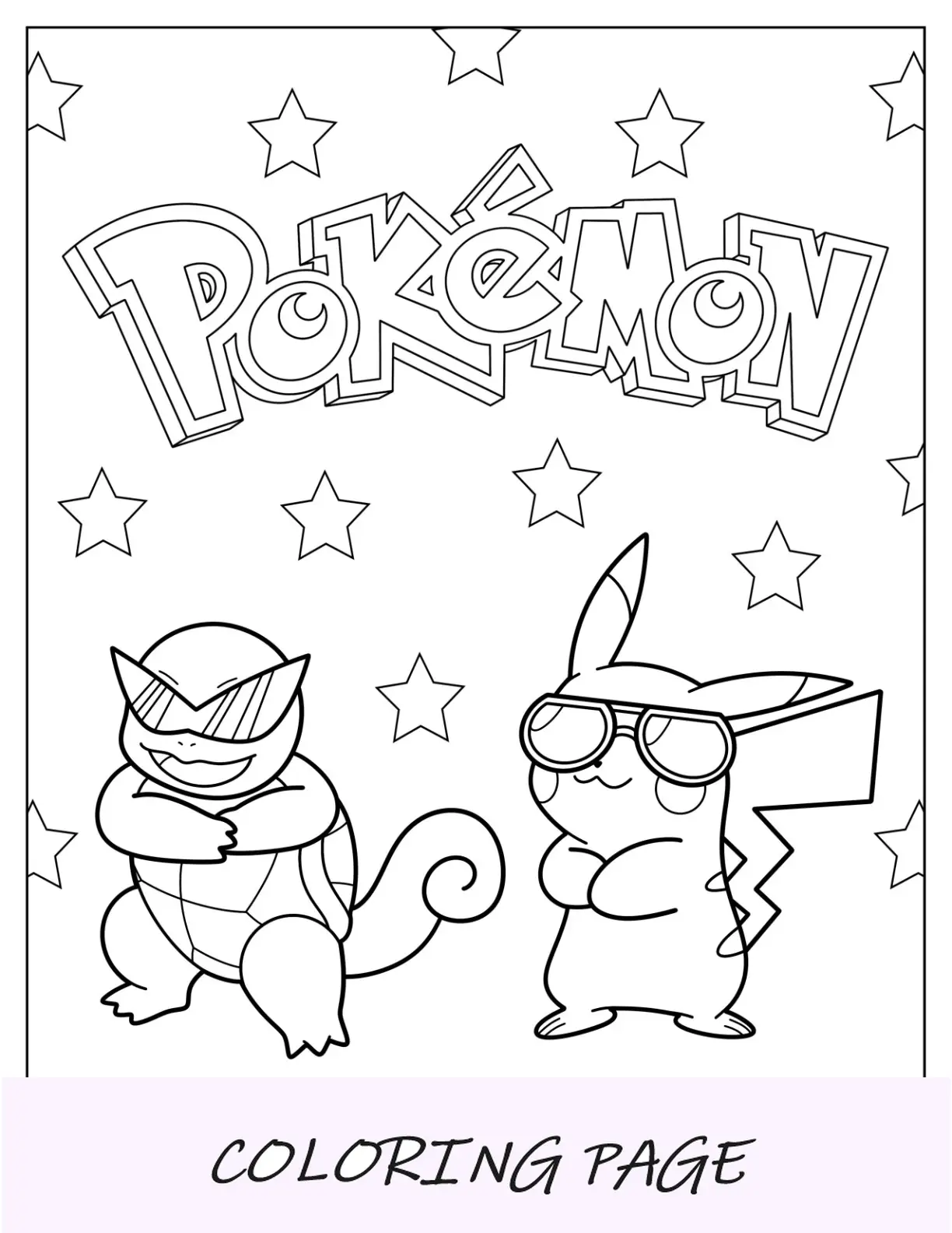 Pagina da colorare Squirtle con Pikachu che indossa occhiali da sole