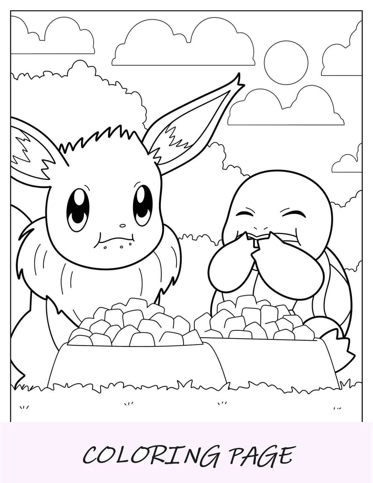 Pagina da colorare di Eevee che mangia con Squirtle
