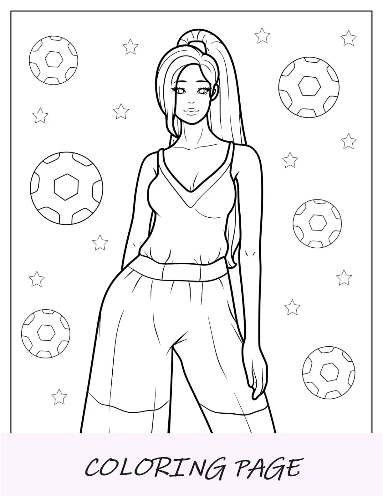 Página para colorear de moda de mujer con pelo largo en mameluco sin mangas