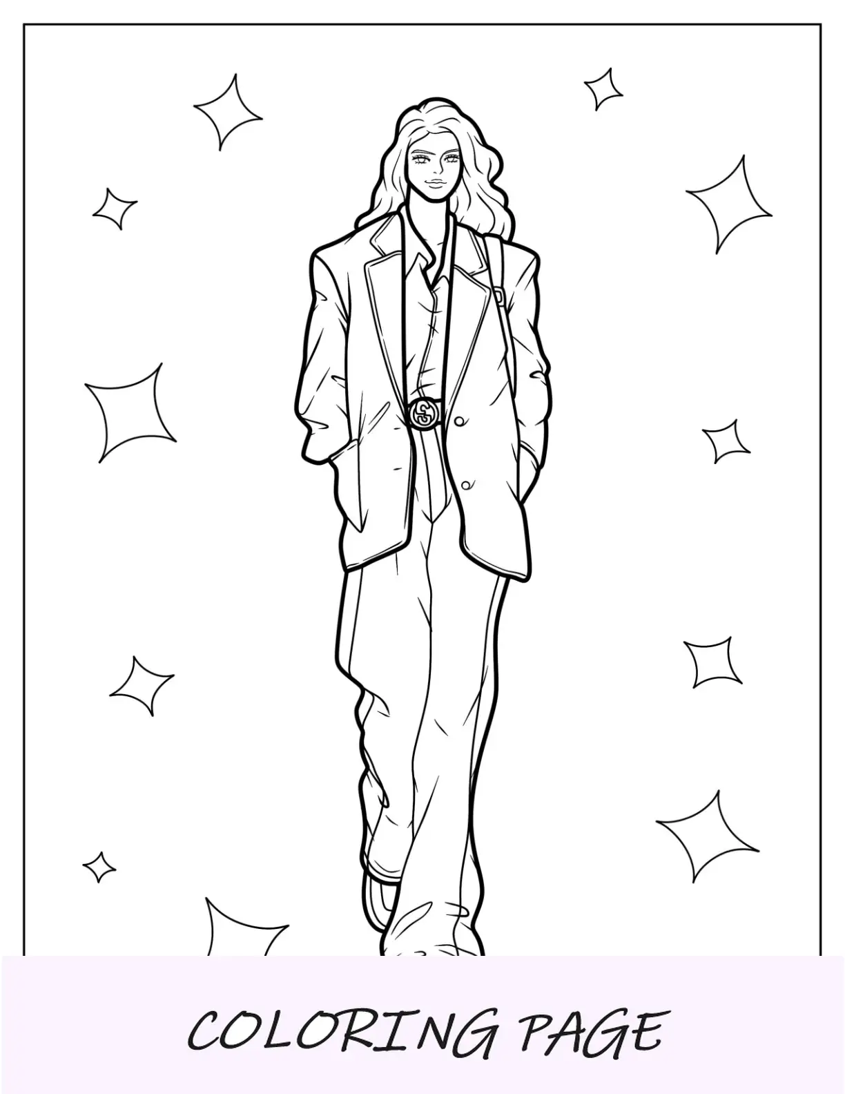 Página para colorear de moda de mujer con blazer extragrande y pantalones de talle alto