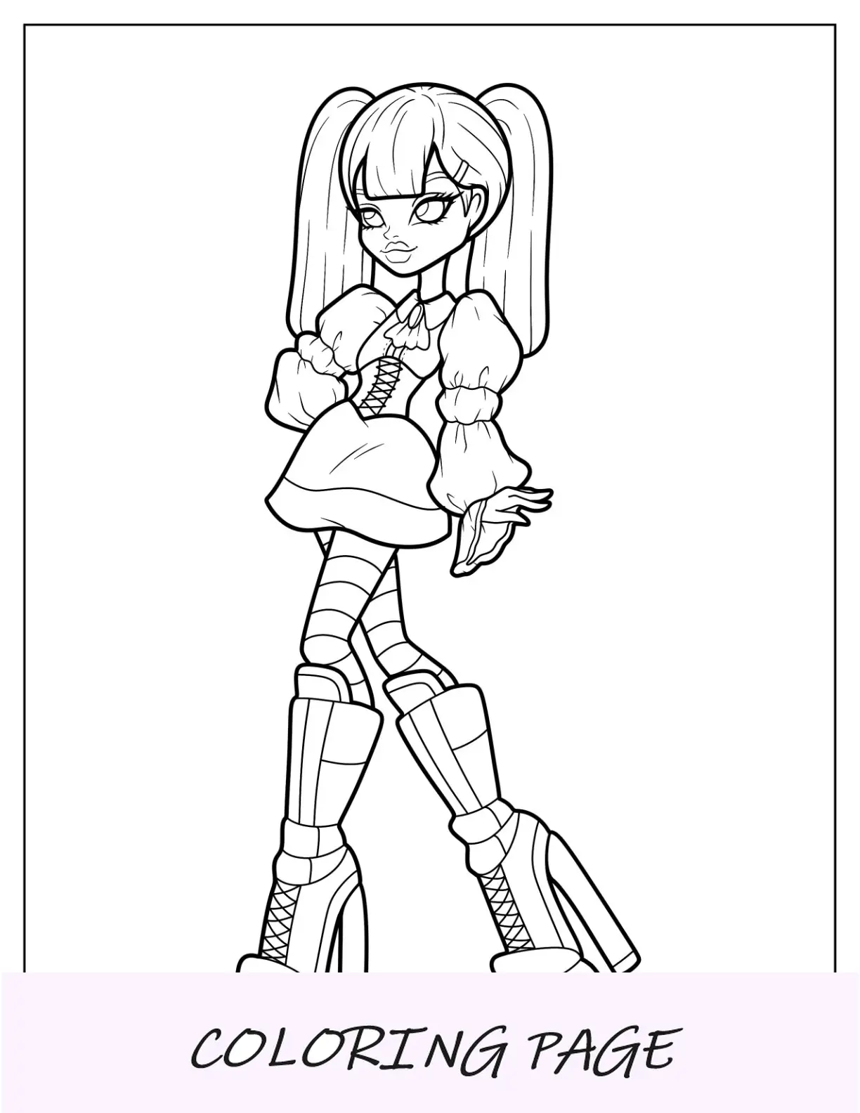Página para colorear de moda de una chica con vestido lolita, medias a rayas y botas de encaje