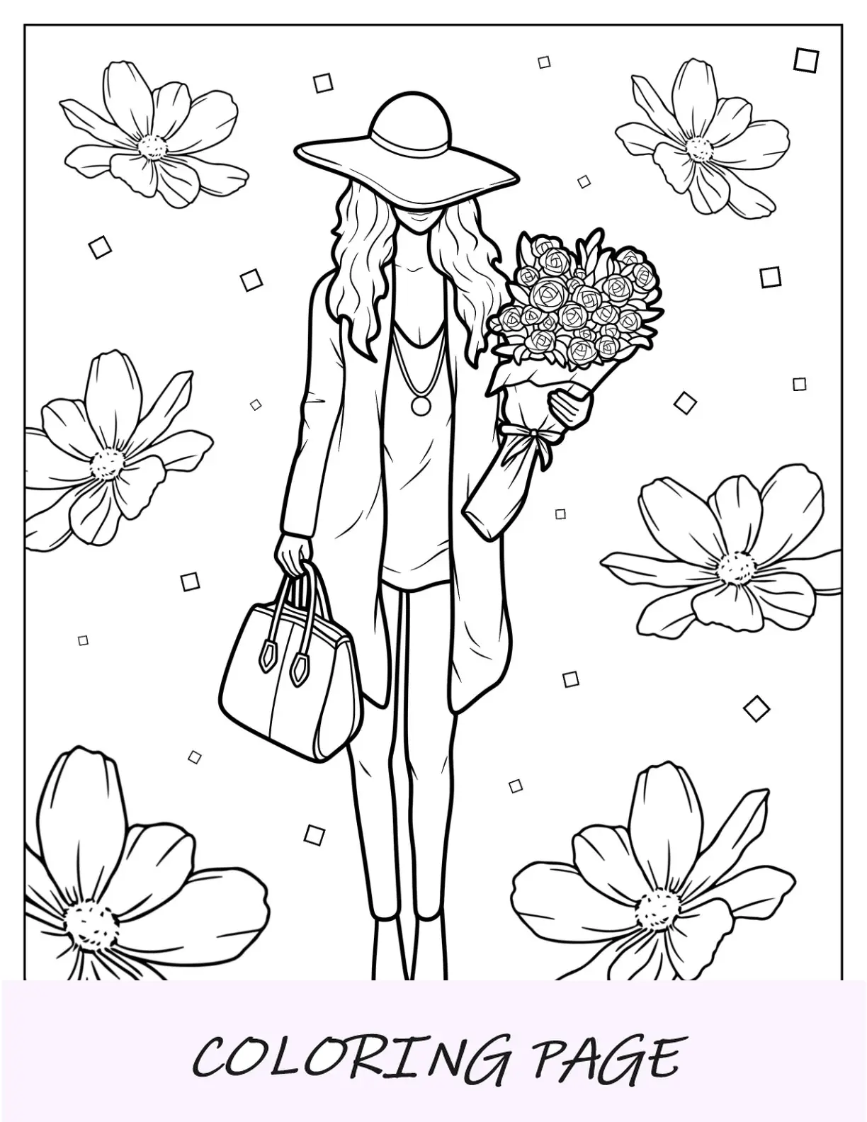Página para colorear de moda de una mujer vestida de forma informal y elegante mientras sostiene un bolso y un ramo de flores