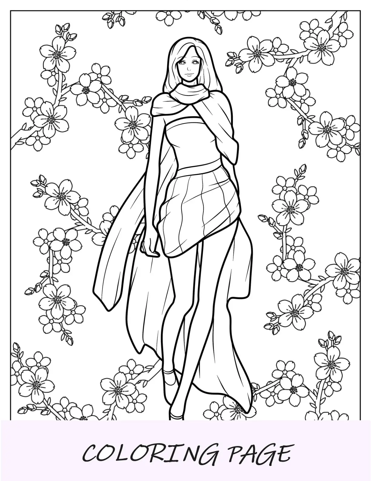 Página para colorear de moda de modelo con vestido corto con rastro y bufanda larga