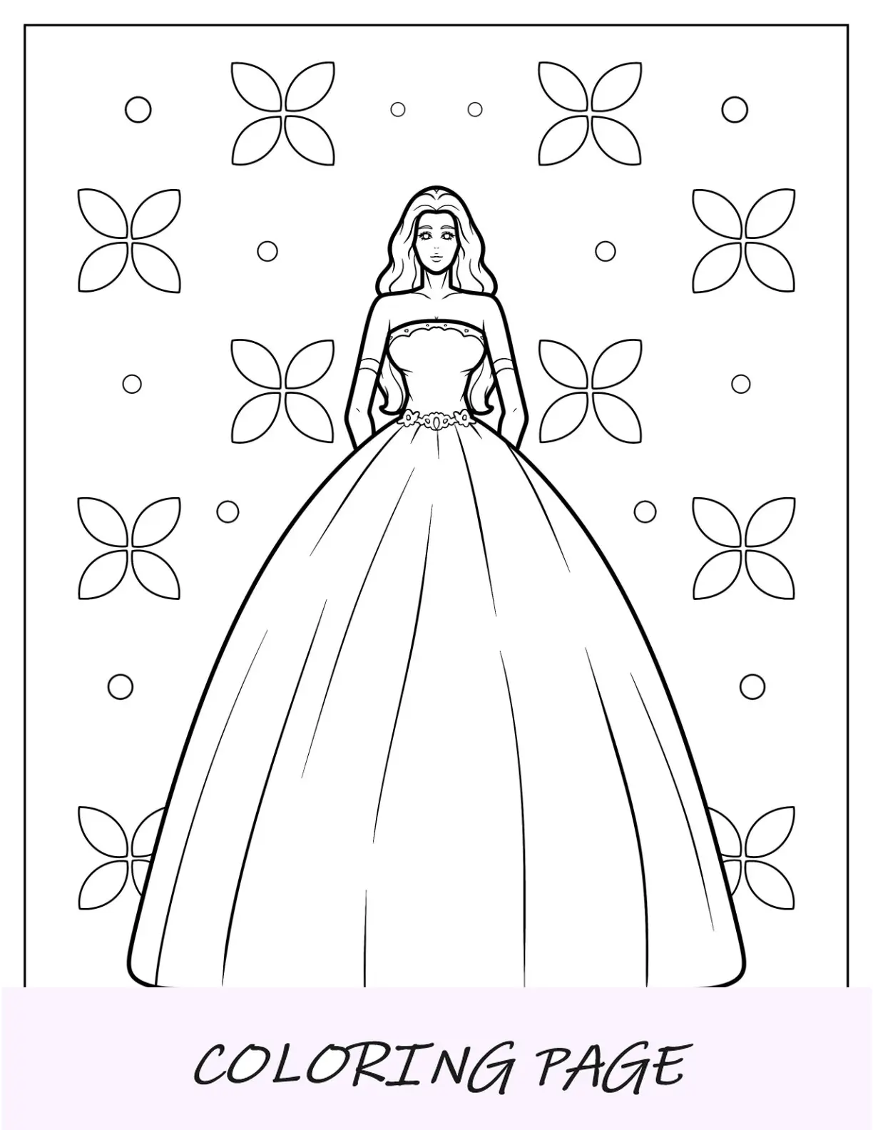 Página para colorear de moda de modelo con vestido de novia