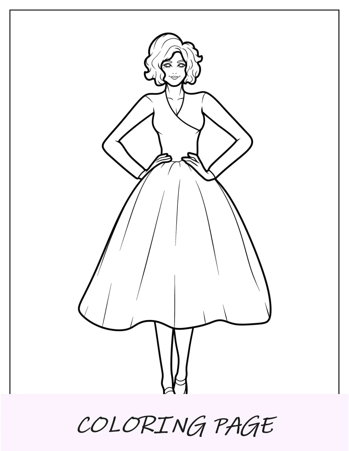 Página para colorear de moda de contorno sencillo de mujer con vestido midi y falda acampanada