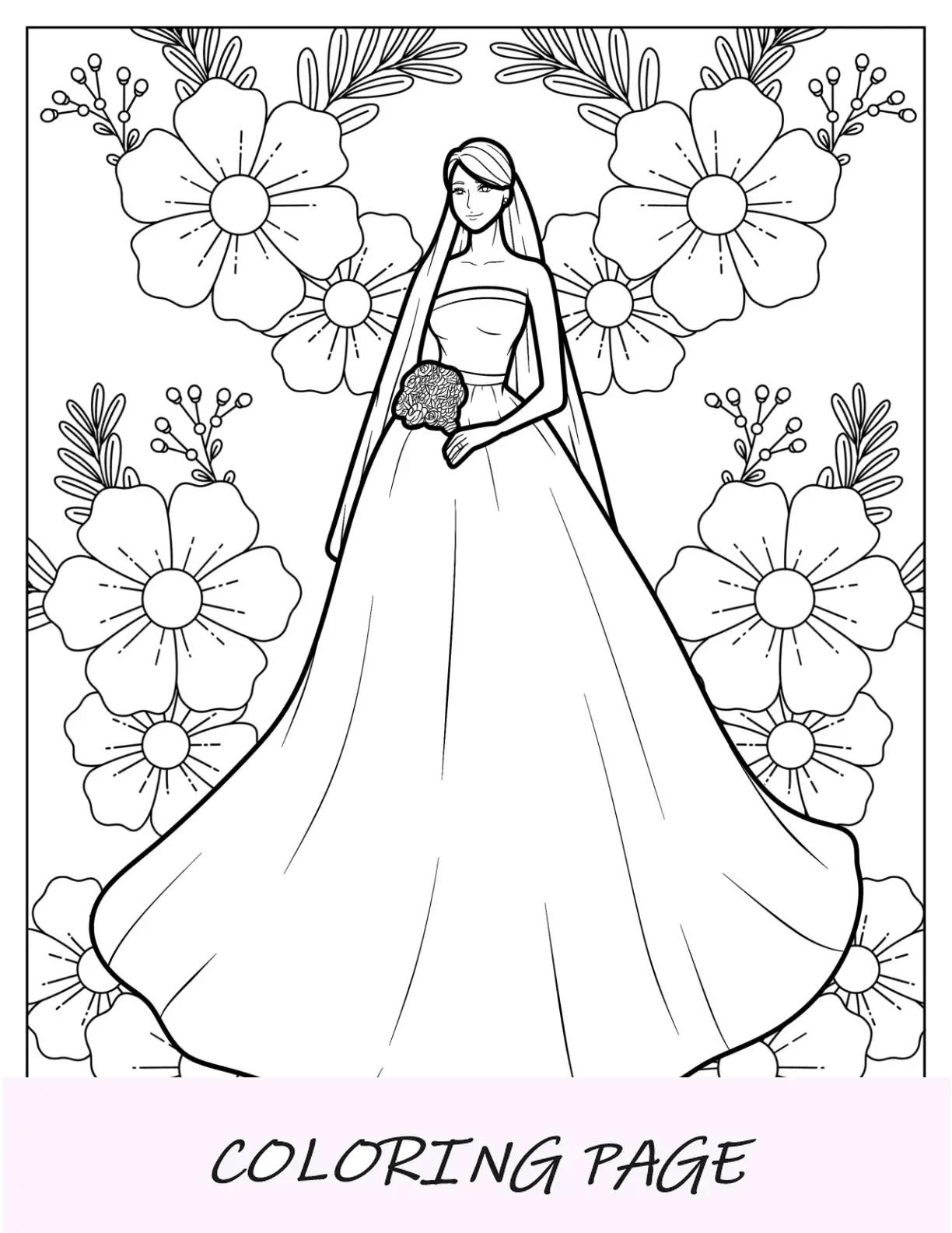 Página para colorear de moda de novia con vestido de novia estilo princesa