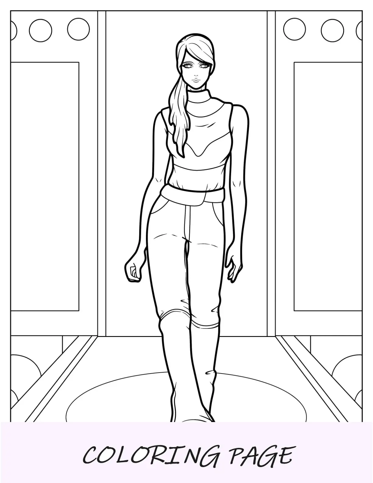 Página para colorear de moda de modelo caminando por la pasarela
