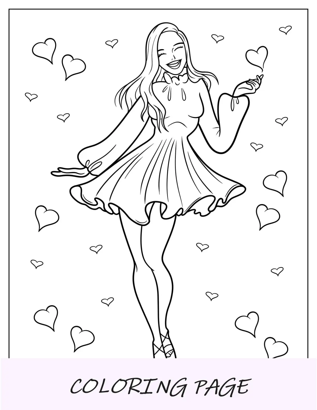 Página para colorear de moda de linda chica con vestido corto de manga larga para niños