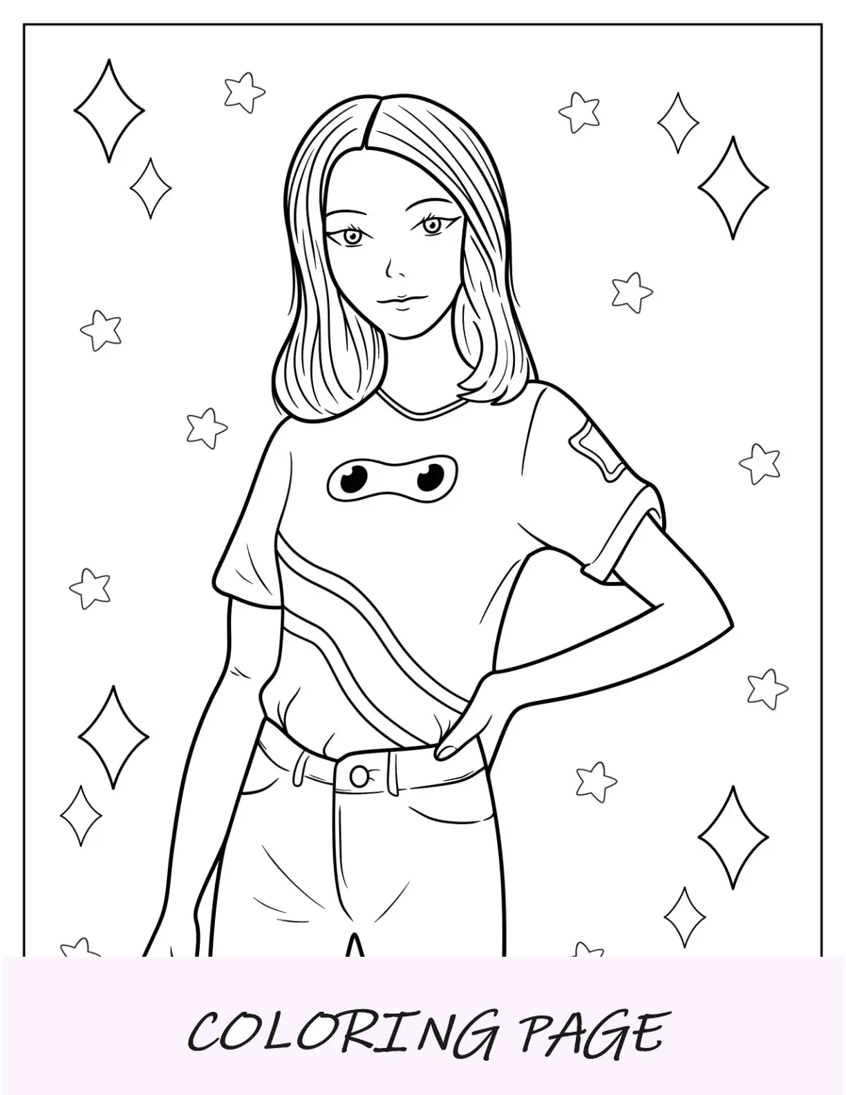 Página para colorear de moda de una adolescente con camisa y jeans
