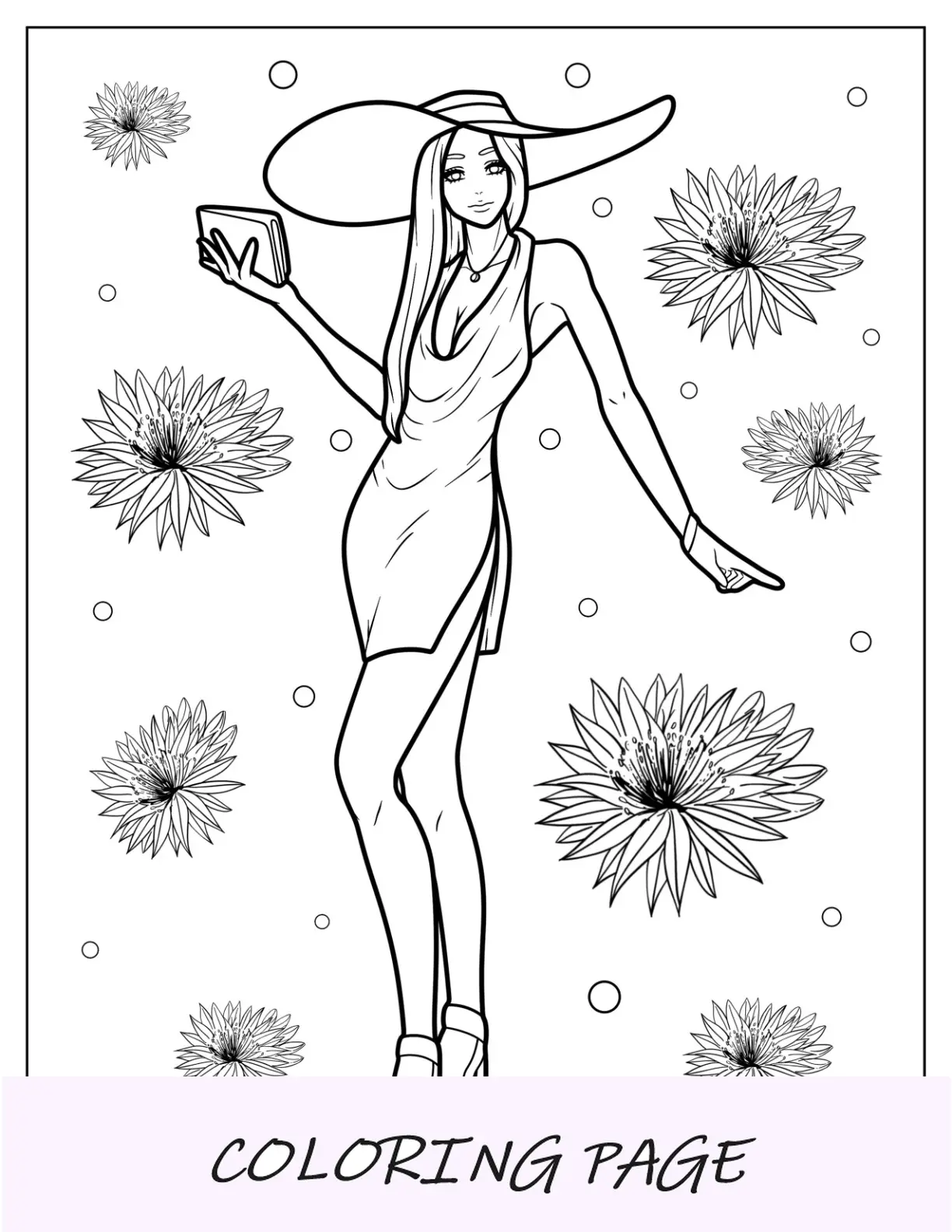 Página para colorear de moda de fashionista con sombrero grande, vestido con escote pronunciado y tacones