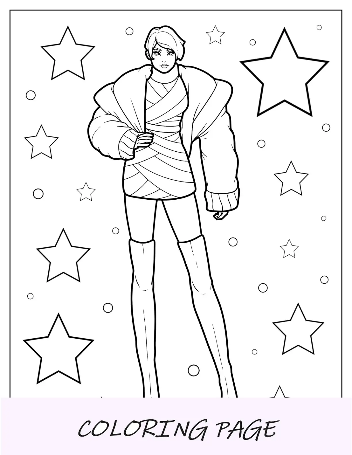 Página para colorear de moda de modelo con minivestido, chaqueta acolchada y botas
