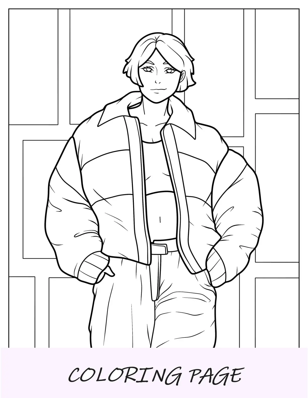 Página para colorear de moda de mujer realista con top corto y chaqueta acolchada