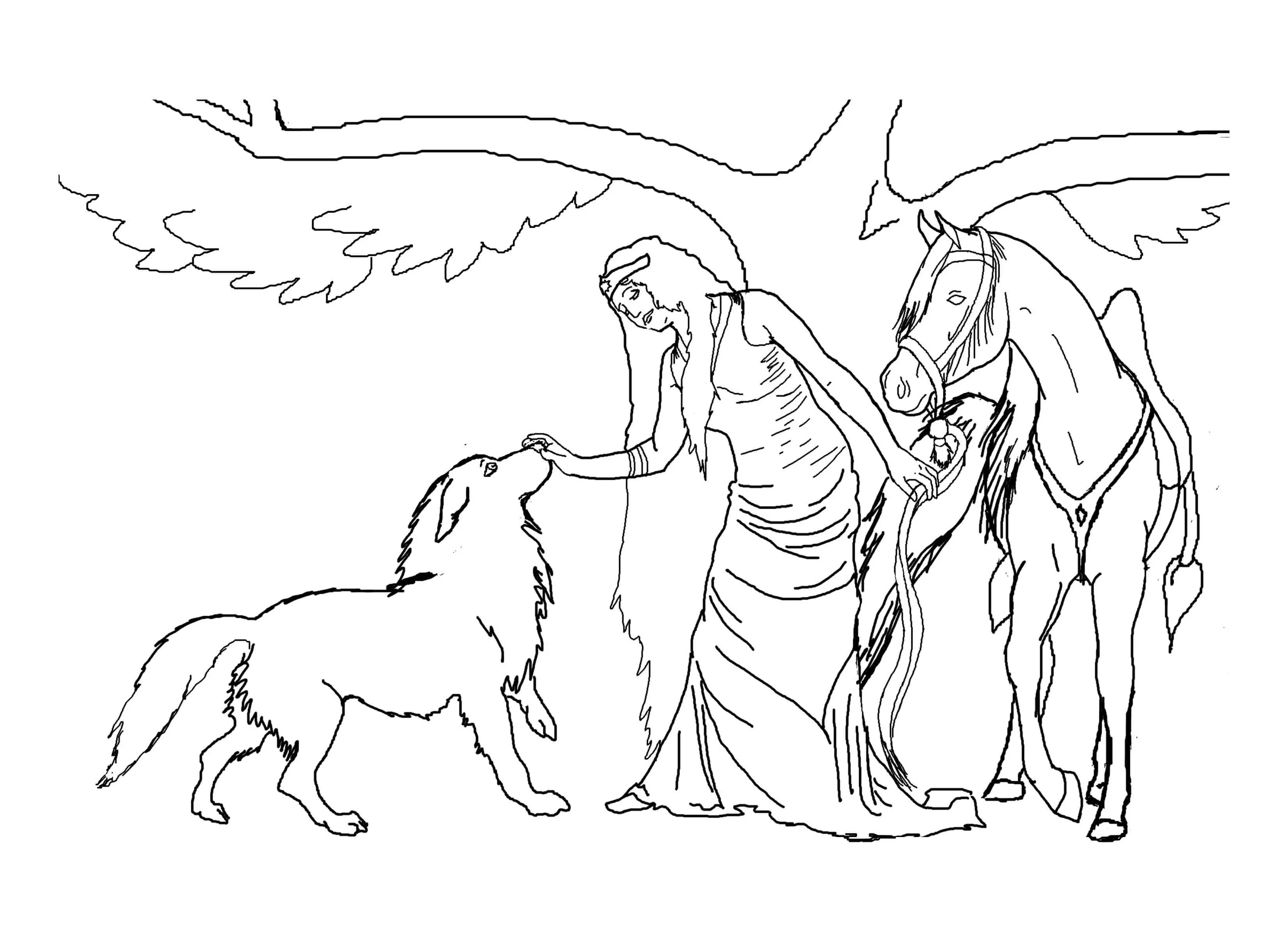 Elf With Wolf And Horse Fantasy Coloring Page