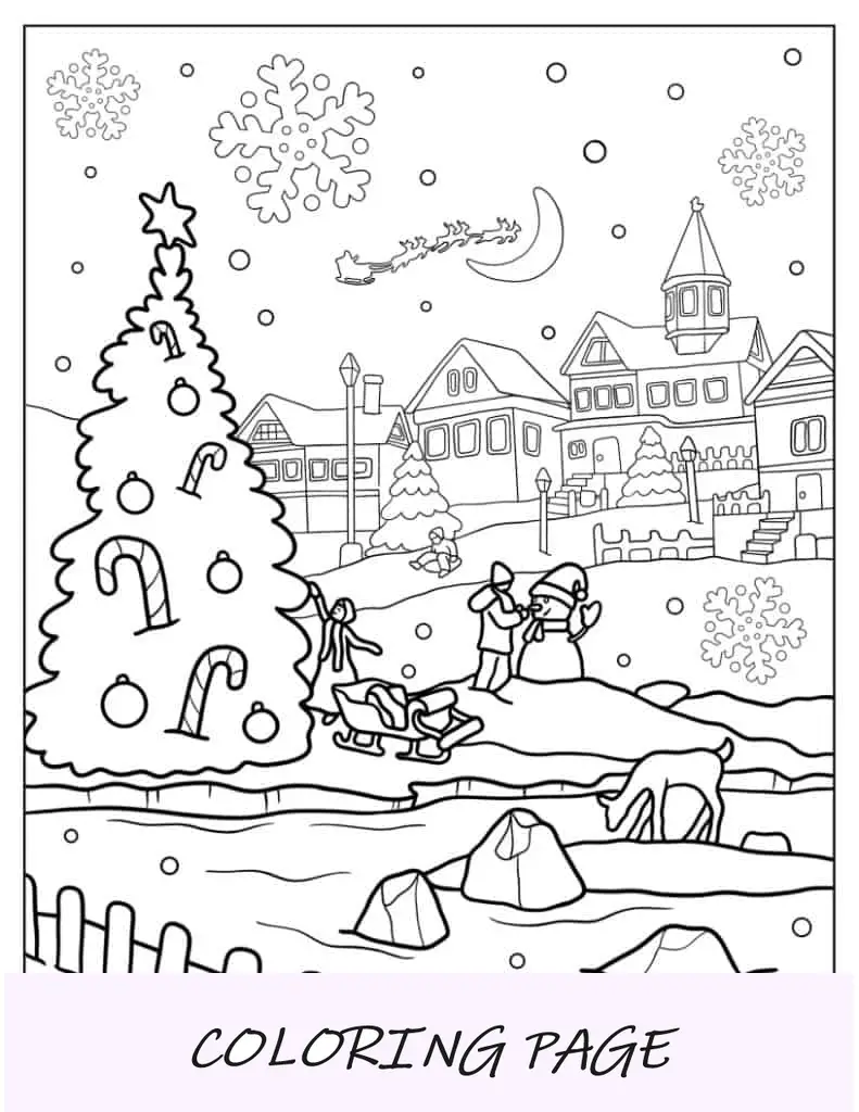 Boneco de neve fora de casa em um dia de neve para colorir
