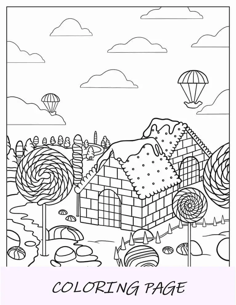 Página para colorir da Vila Mágica dos Doces
