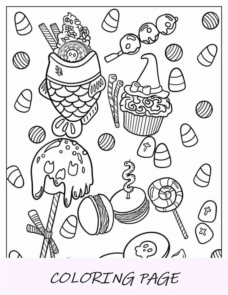 Página para colorir de doces com tema de Halloween