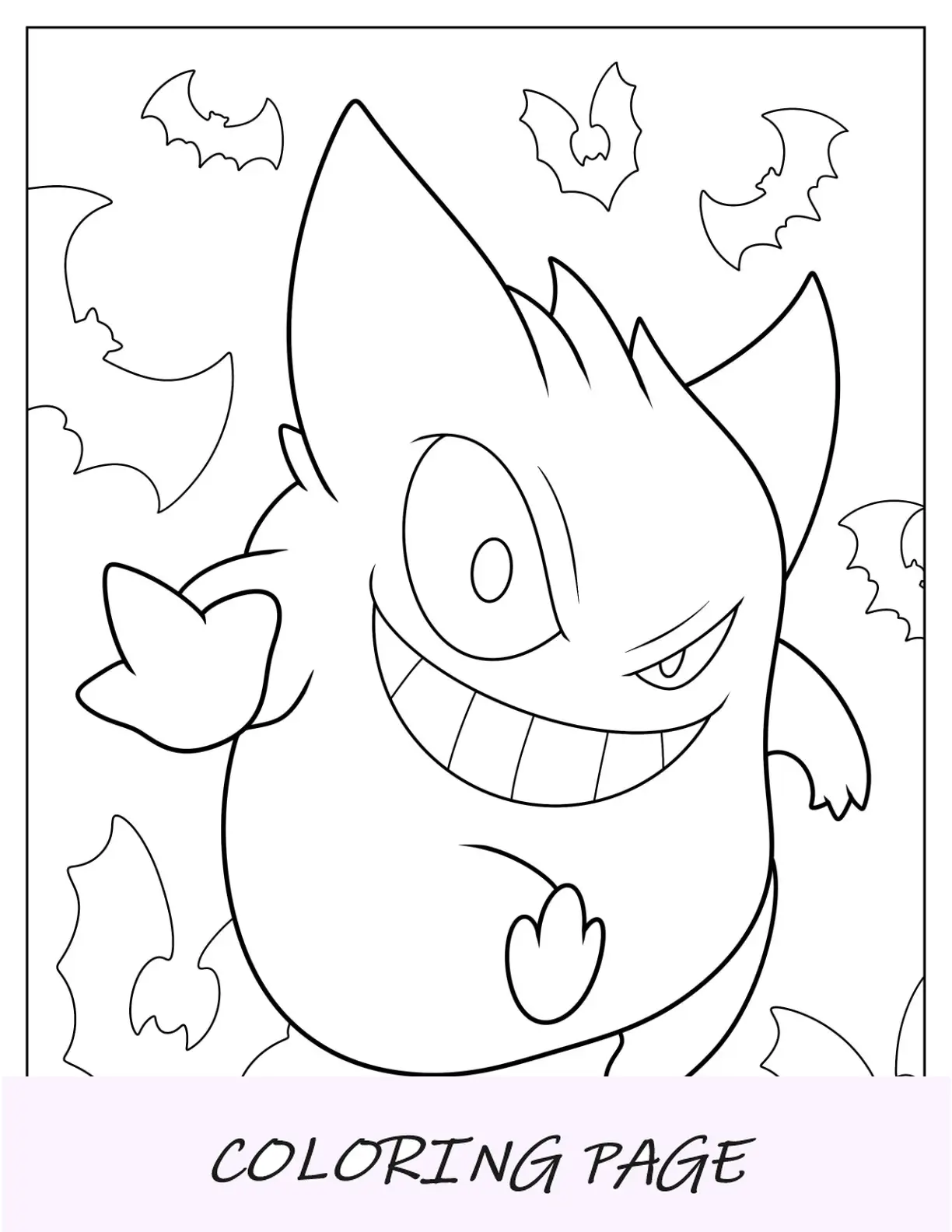 Página para colorir assustador de Gengar com morcegos Halloween
