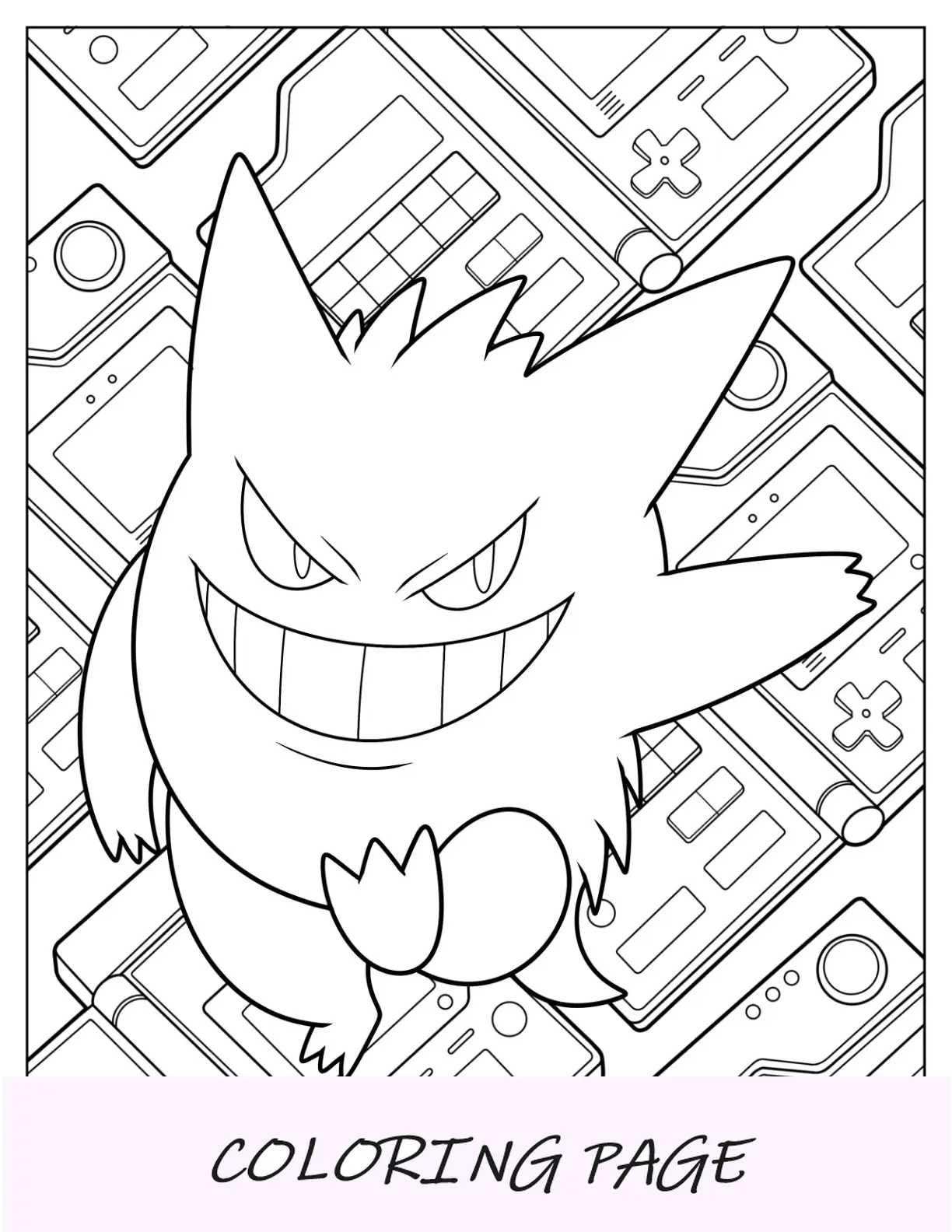 Página para colorir de Gengar sorrindo com Game Boy ao fundo