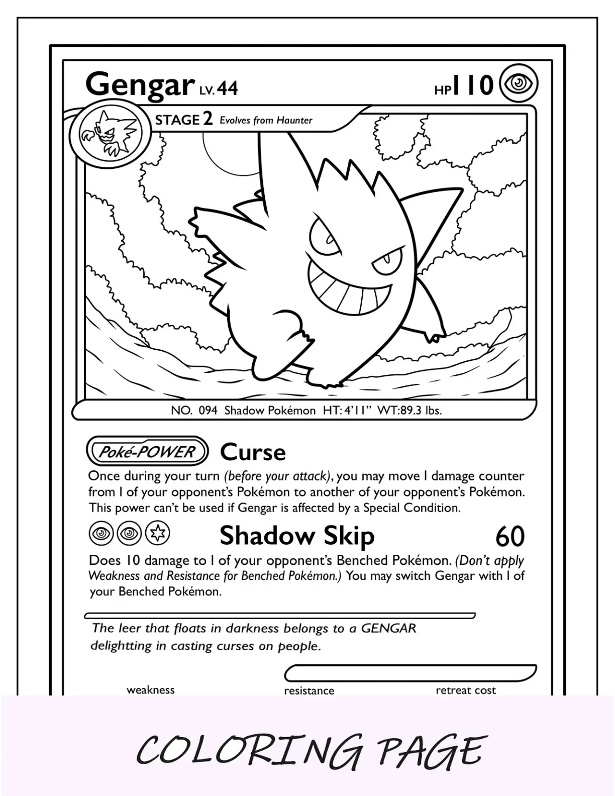 Gengar para colorir página Shadow Skip Pokémon Card