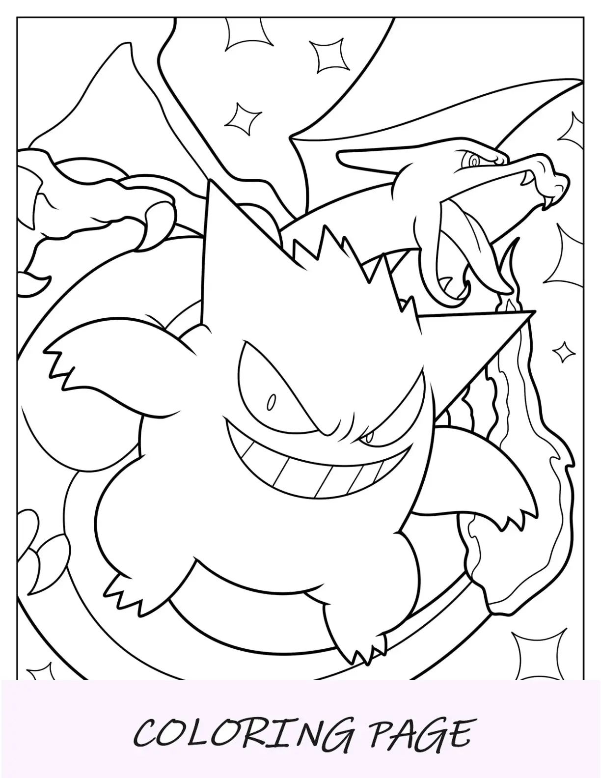 Página para colorir de Gengar lutando ao lado de Charizard