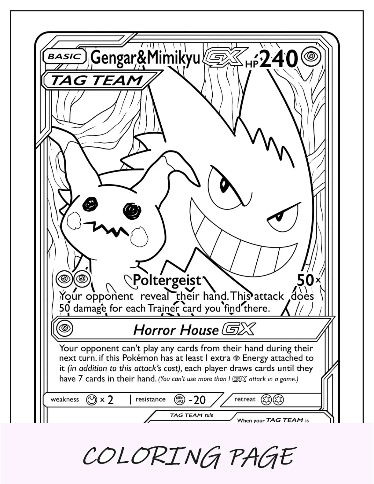 Página para colorir de Gengar e cartão Pokémon Mimikyu Poltergeist