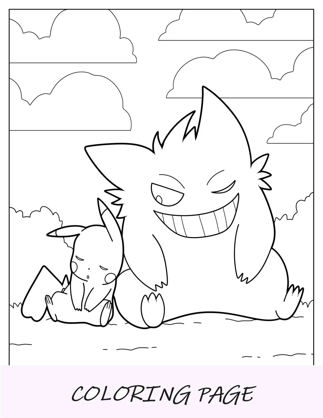 Desenho de Pikachu dormindo ao lado de Gengar para colorir