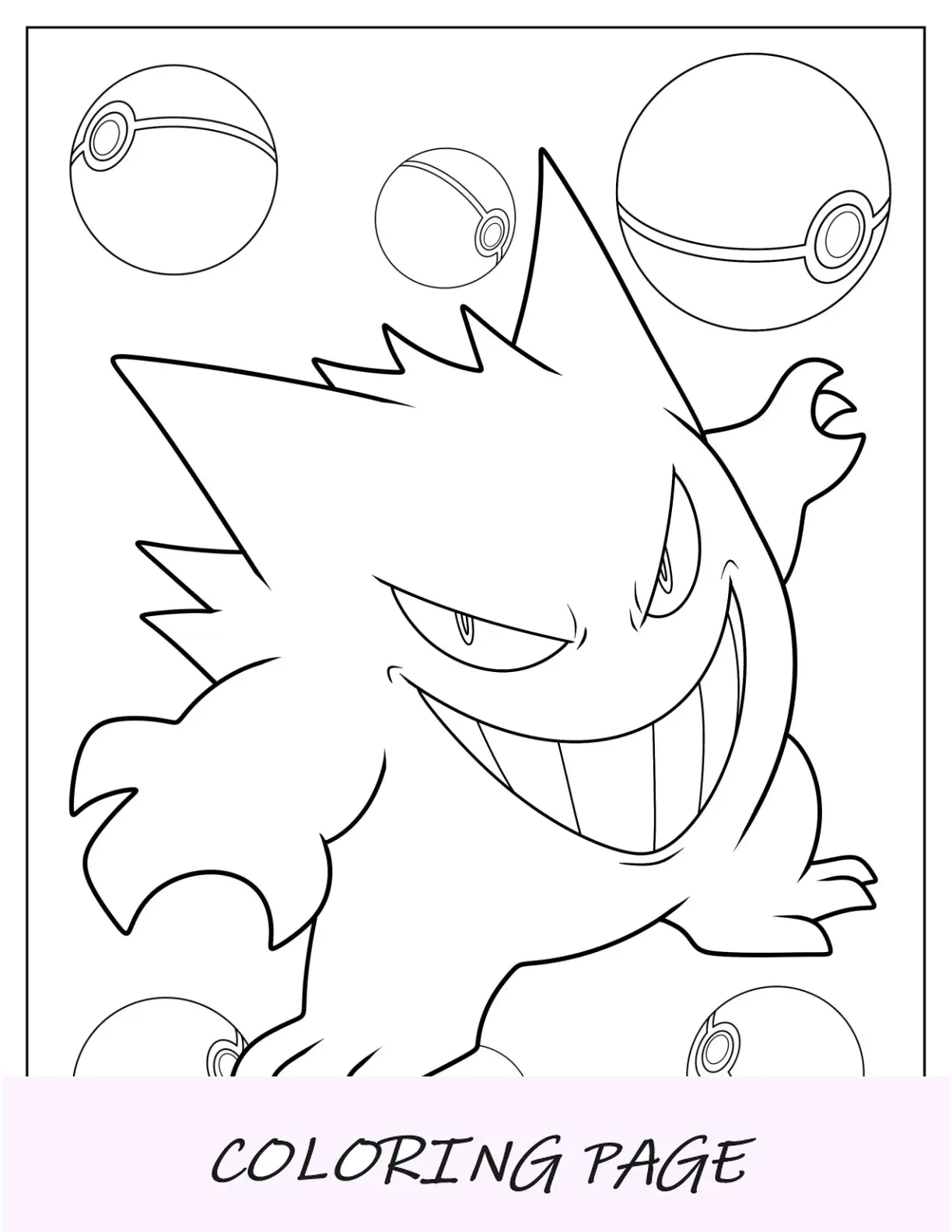 Página para colorir Grinnning Gengar com Pokébolas