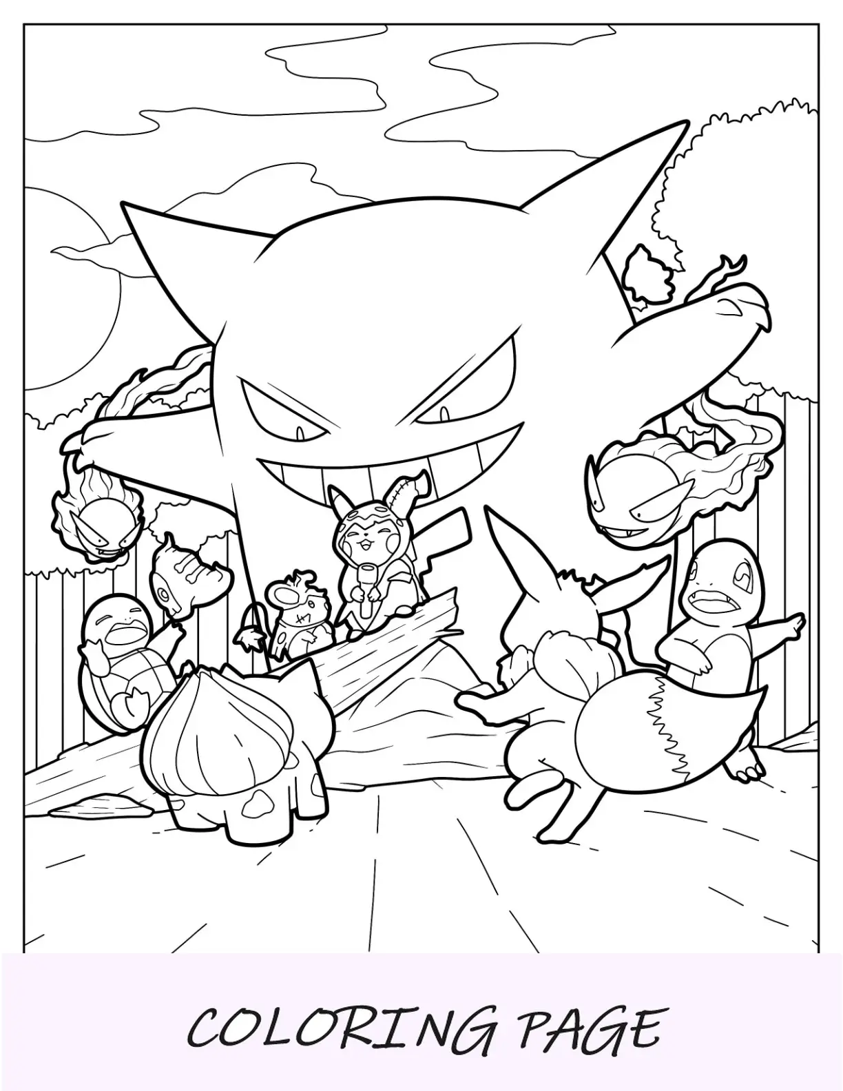 Página para colorir gigante de Gengar com Charmander, Eevee, Bulbasaur, Squirtle e Pikachu