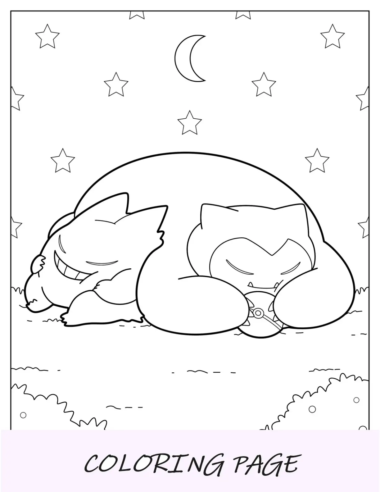 Esboço fácil da página para colorir de Gengar e Snorlax dormindo para crianças