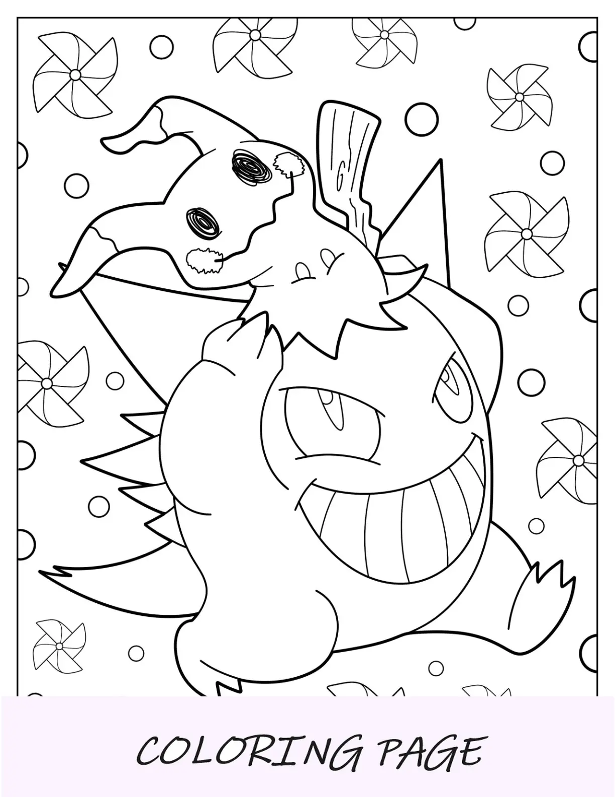 Desenho para colorir do Gengar fofo brincando com Mimikyu