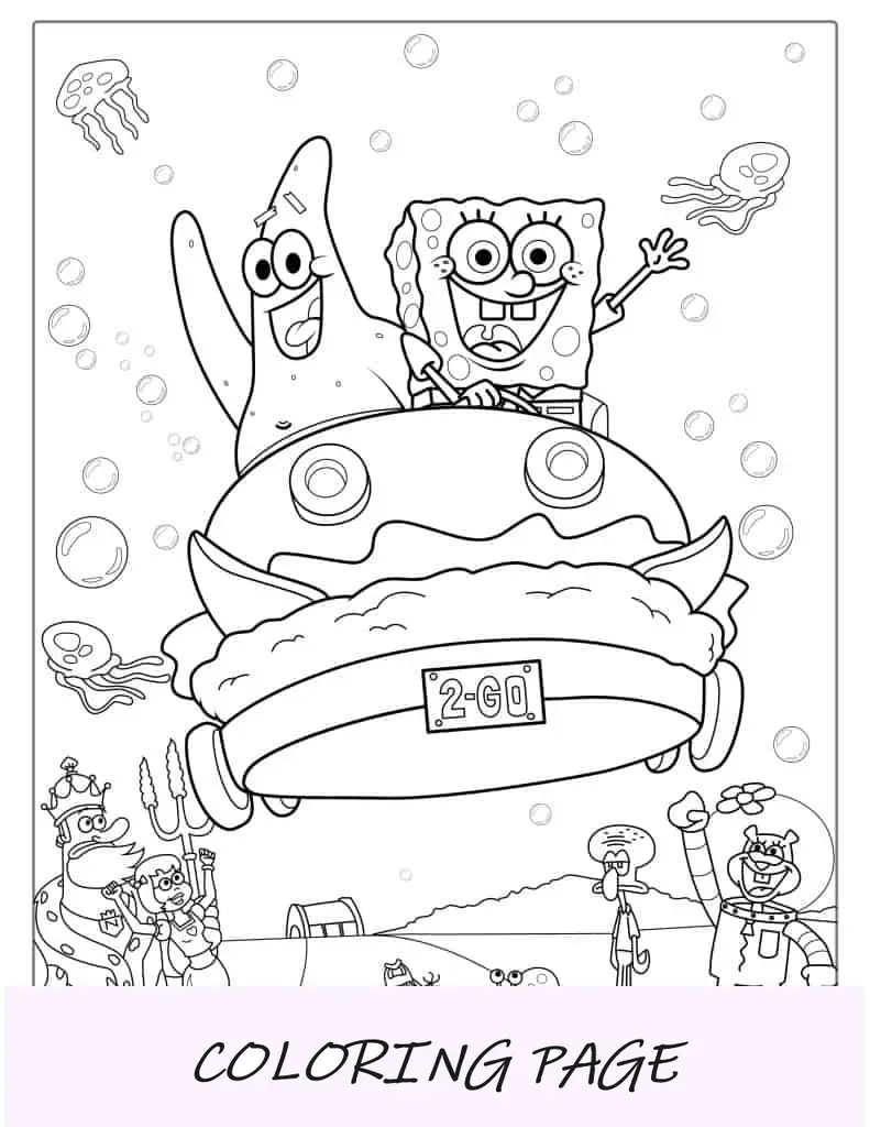 Bob Esponja e Patrik dirigindo a carroça Patty