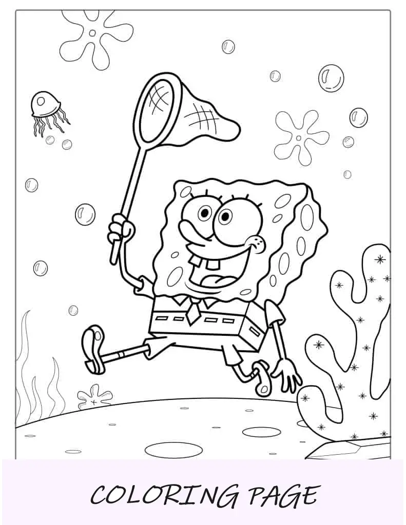 Bob Esponja pegando água-viva com rede para colorir