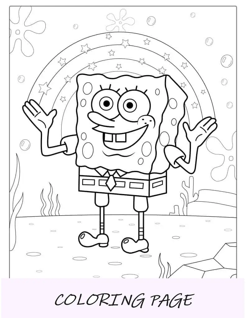 Página para colorir do Bob Esponja fazendo arco-íris com as mãos