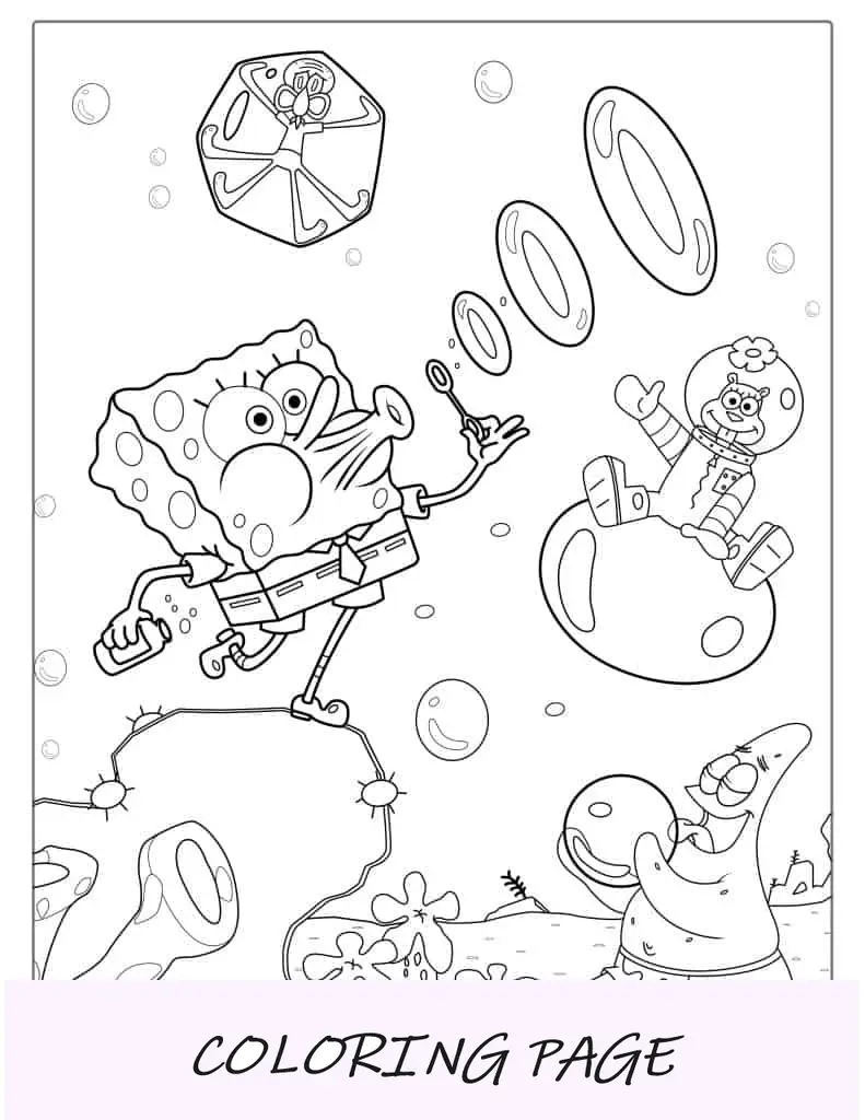 Bob Esponja com Patrik, Lula Molusco e Sandy para colorir