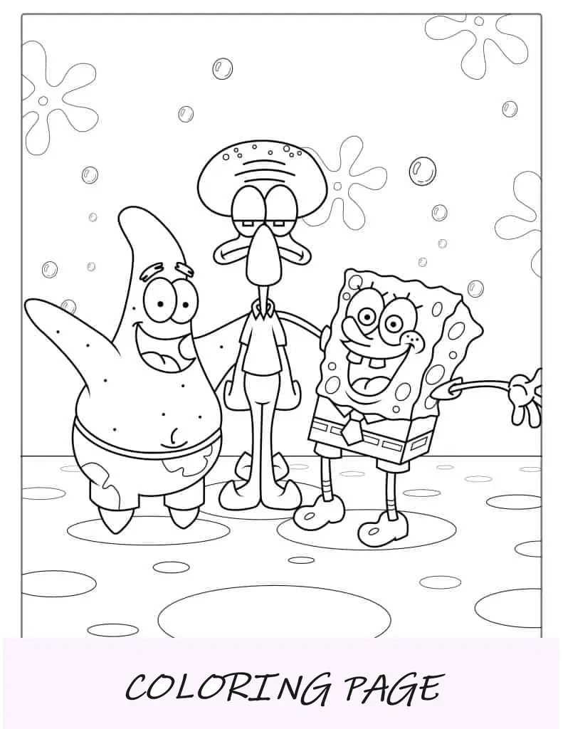 Folha para colorir de Bob Esponja, Lula Molusco e Patrick