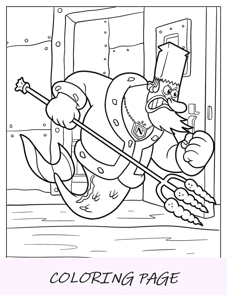 Página para colorir do Bob Esponja do rei Netuno irritado segurando o tridente